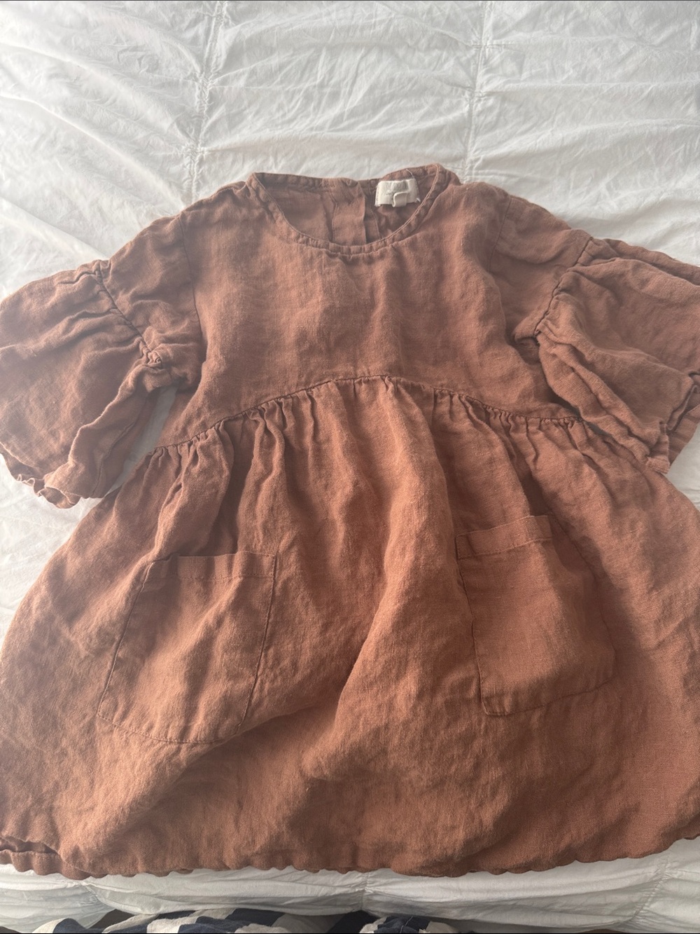 Kids' Linen Flutter Sleeve Dress - Rust